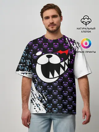 Мужская футболка оверсайз / Монокума на фиолетовом паттерне