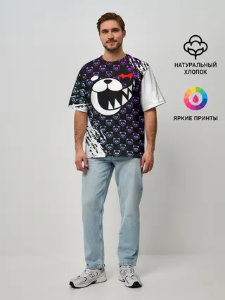 Мужская футболка оверсайз / Монокума на фиолетовом паттерне