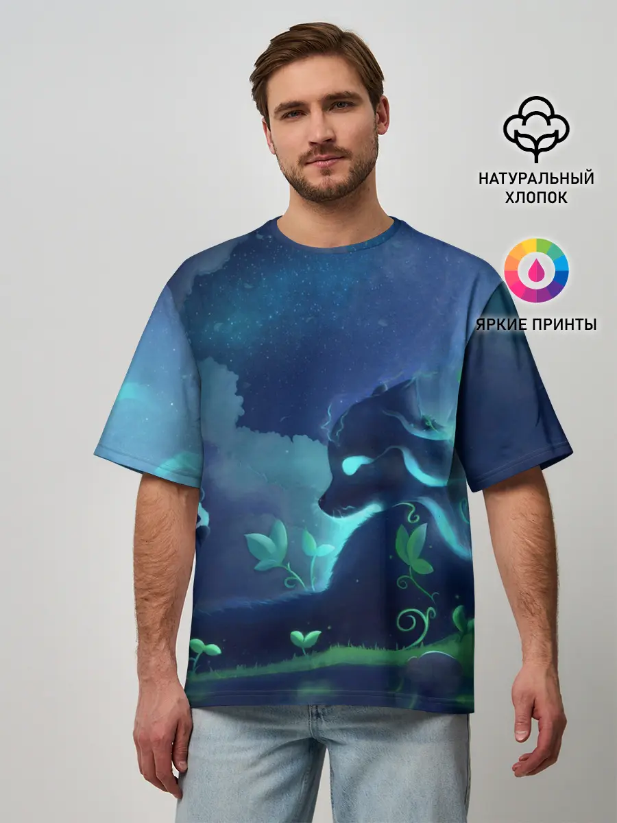 Мужская футболка оверсайз / Панда и лиса