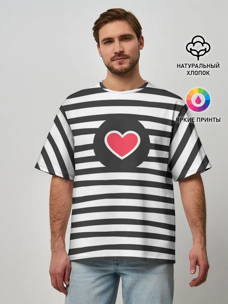 Мужская футболка оверсайз / Сердце в полоску