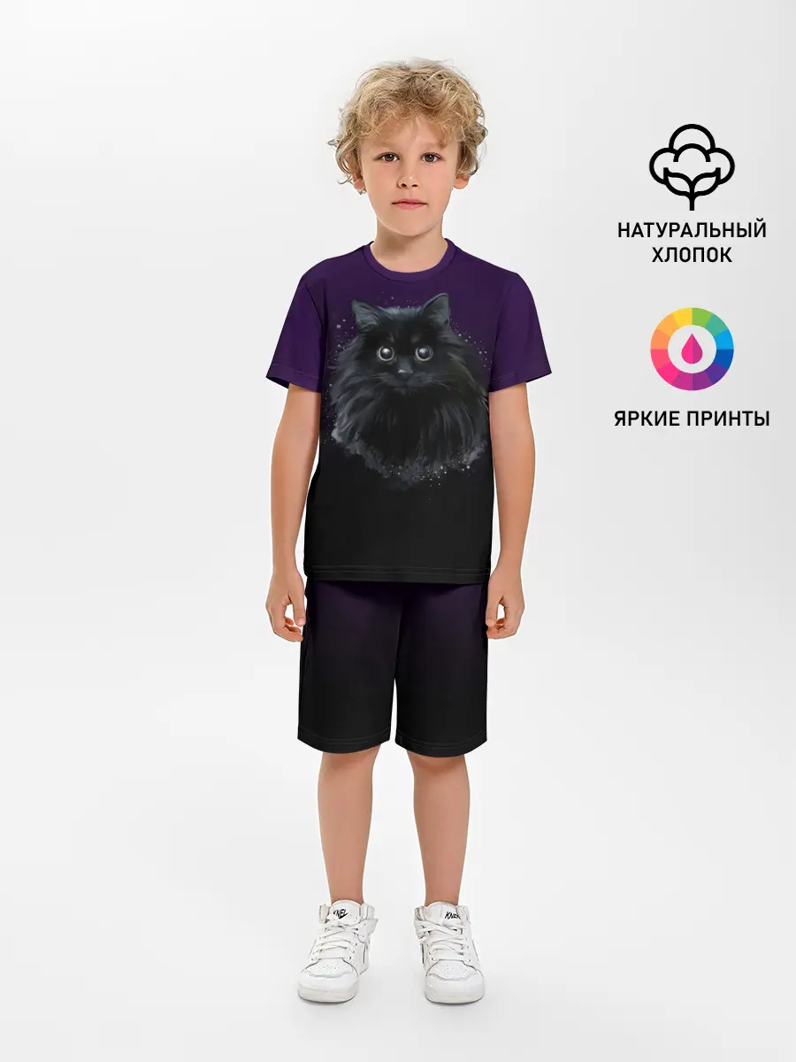 Детская пижама с шортами / черный кот на фиолетовом фоне
