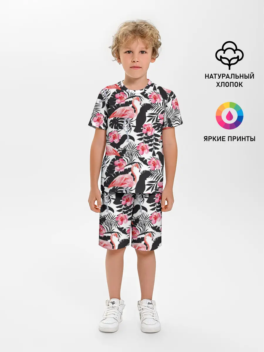 Детская пижама с шортами / фламинго и попугаи