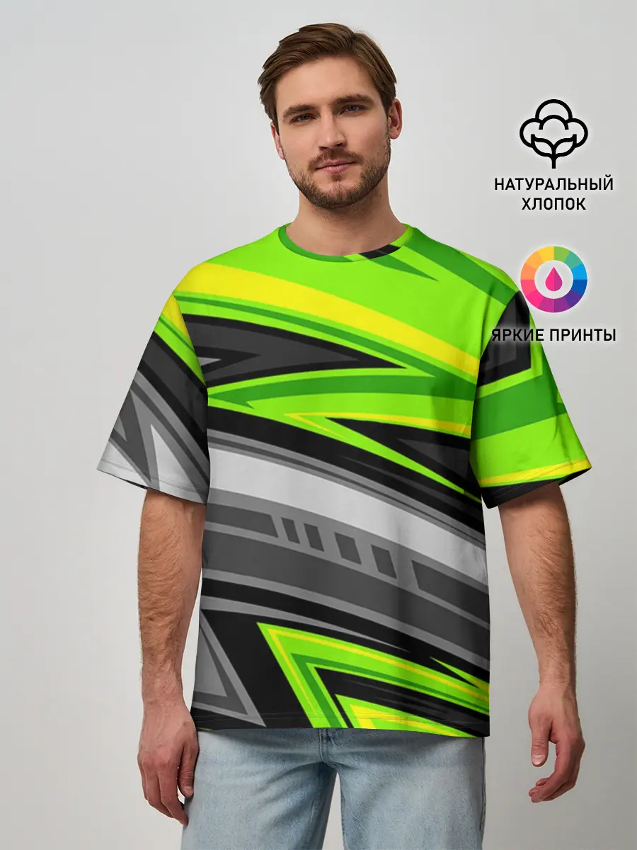 Мужская футболка оверсайз / Зеленые линии