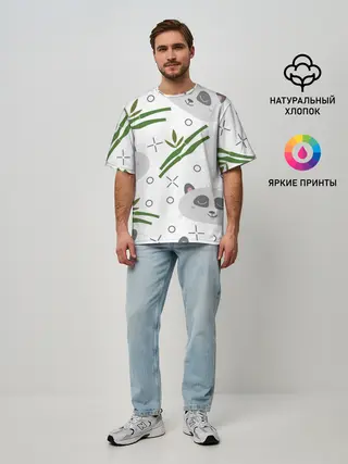 Мужская футболка оверсайз / Панда с бамбуком