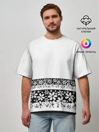 Мужская футболка оверсайз / Черно-белый цветочный принт