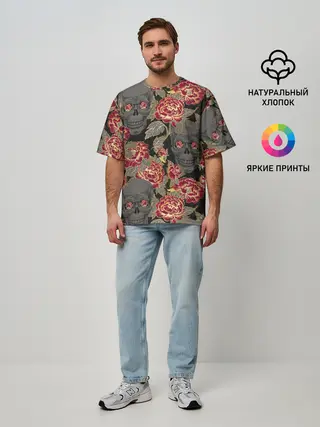 Мужская футболка оверсайз / Черепа и розы