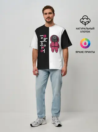 Мужская футболка оверсайз / ЛОГОТИП И ОХРАНА | ИГРА В КАЛЬМАРА