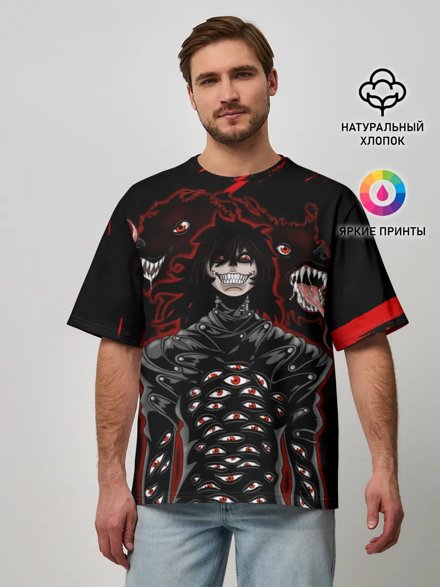 Мужская футболка оверсайз / Юмико Такаги в черном Hellsing