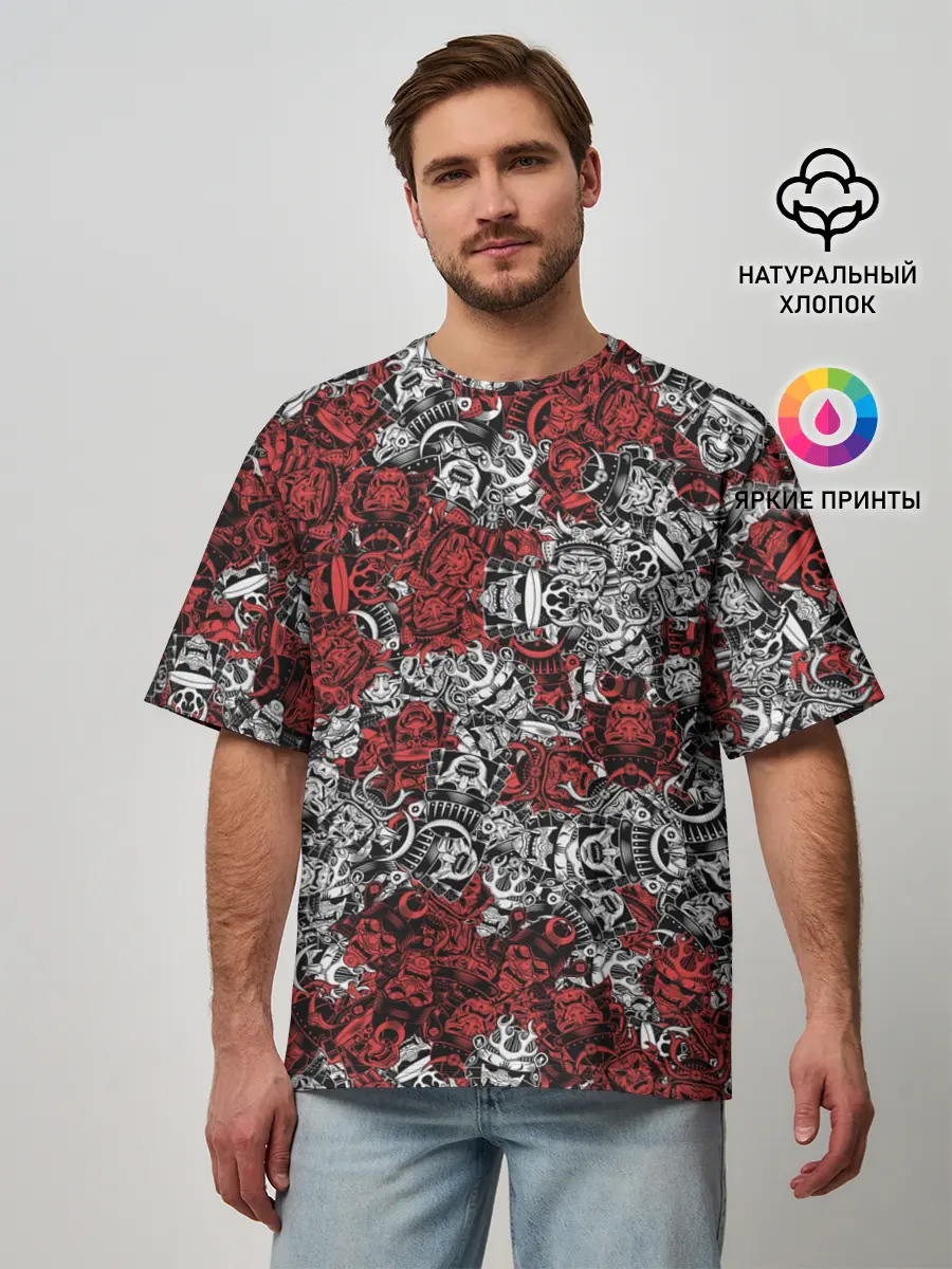 Мужская футболка оверсайз / Красные и Белые самураи