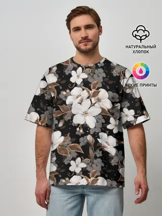 Мужская футболка оверсайз / Белые цветы