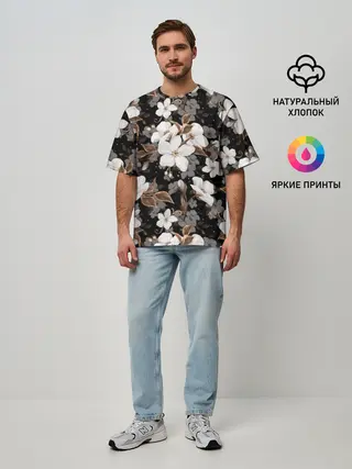 Мужская футболка оверсайз / Белые цветы