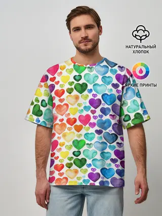 Мужская футболка оверсайз / Радужные сердечки