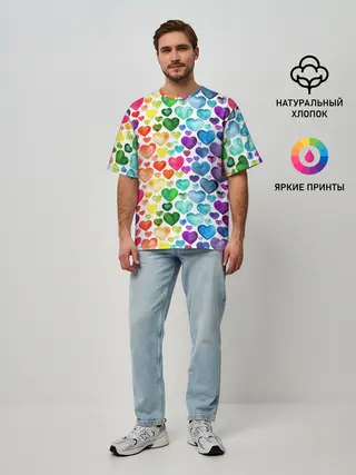 Мужская футболка оверсайз / Радужные сердечки