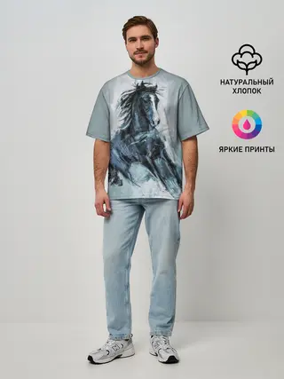 Мужская футболка оверсайз / нарисованный конь