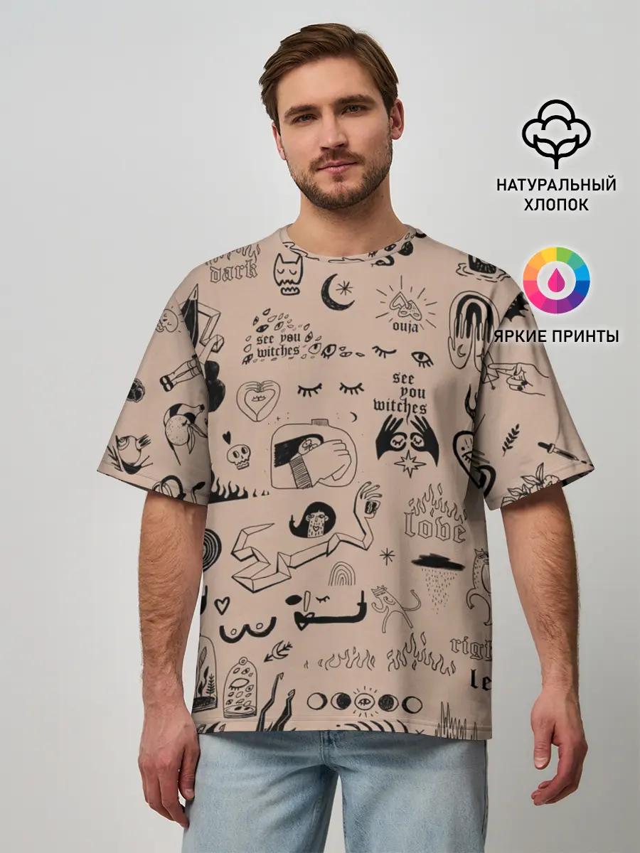 Мужская футболка оверсайз / принт в стиле тату