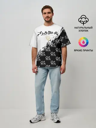 Мужская футболка оверсайз / Чёрный клевер черно-белый разрыв