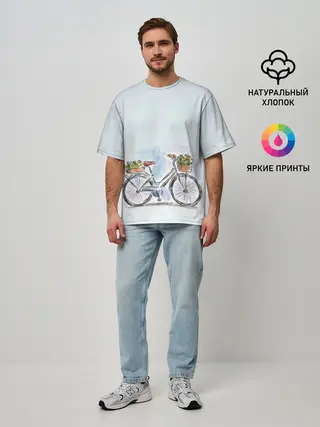Мужская футболка оверсайз / акварельный велосипед