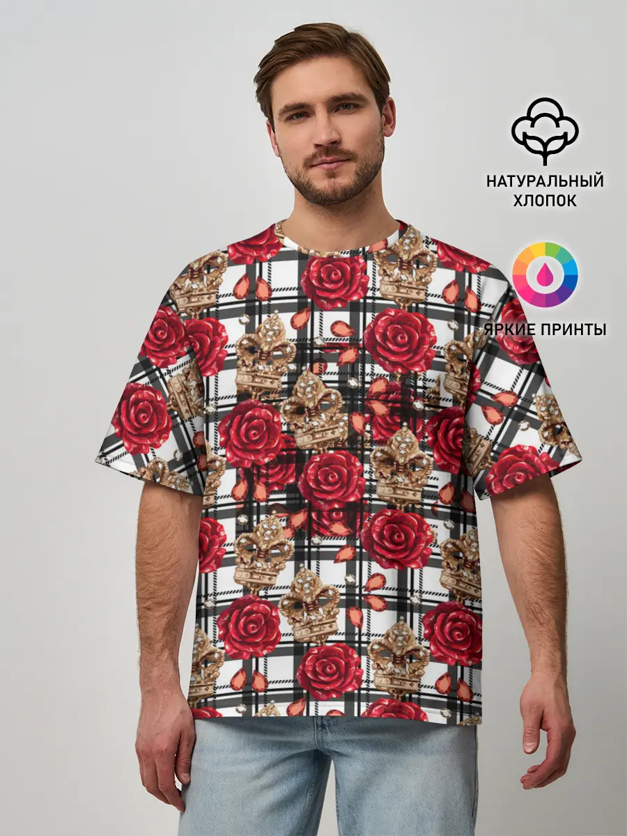 Мужская футболка оверсайз / Розы в клеточку