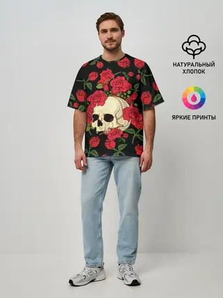 Мужская футболка оверсайз / Skull | Roses