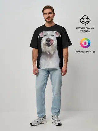 Мужская футболка оверсайз / Белый шнауцер