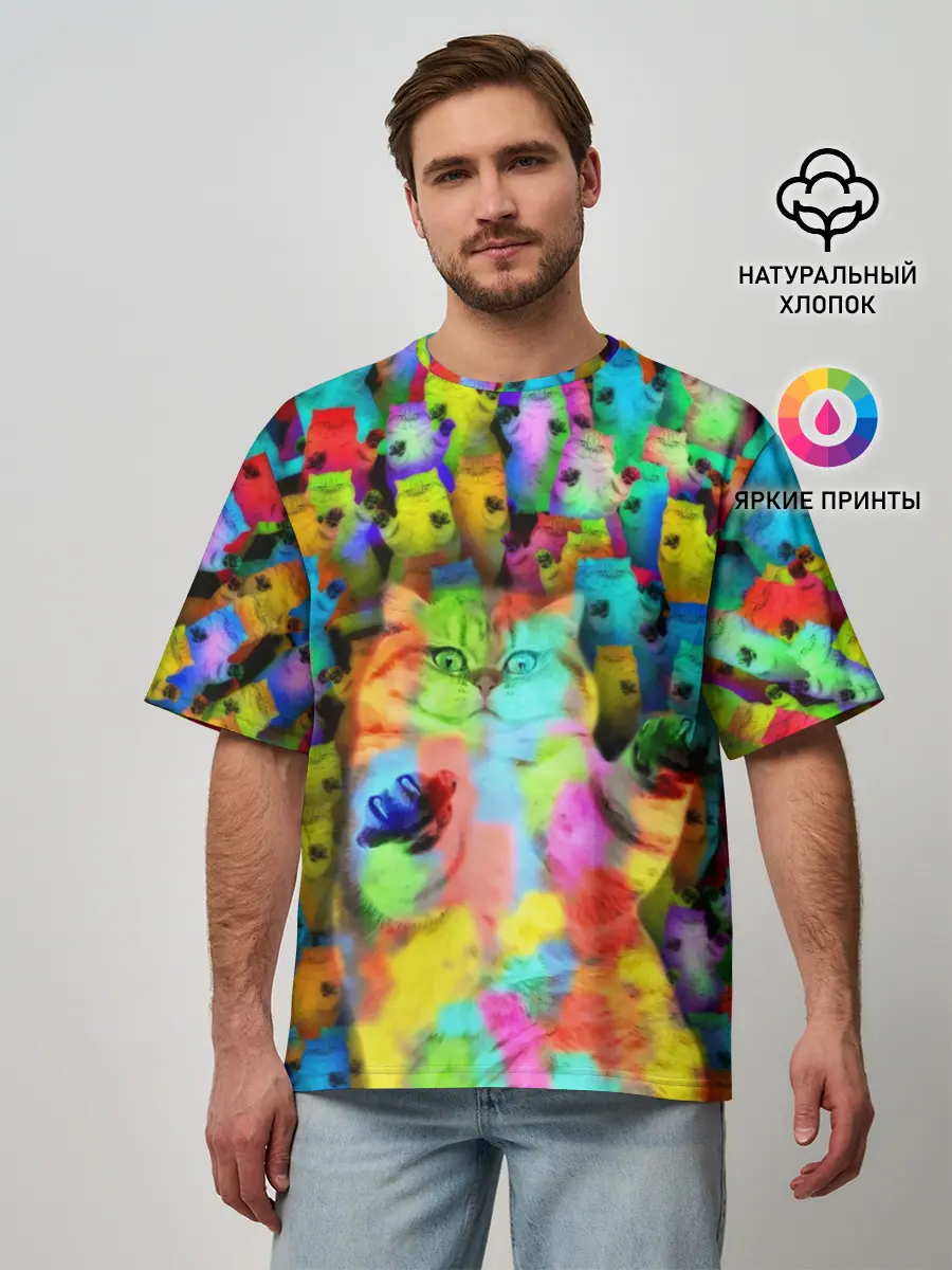 Мужская футболка оверсайз / Котики на дискотеке