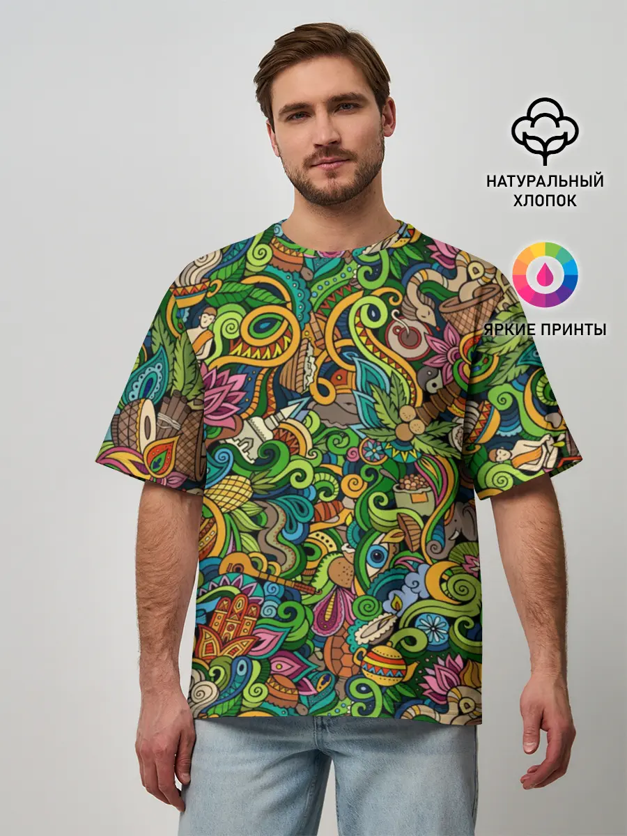 Мужская футболка оверсайз / Тибетский коллаж