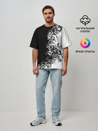 Мужская футболка оверсайз / Черно-белый узор.