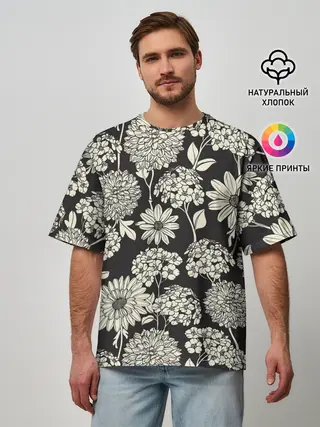 Мужская футболка оверсайз / Белые цветы