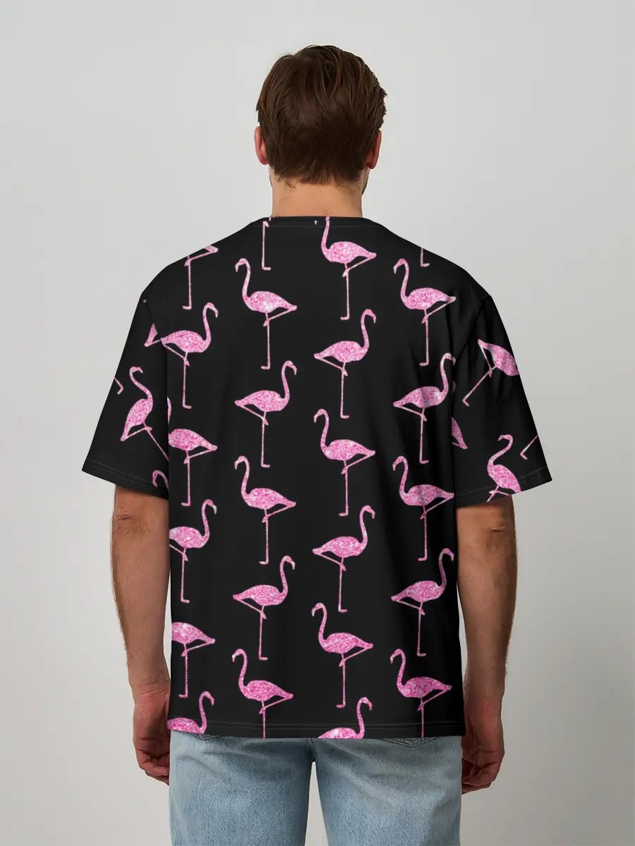 Мужская футболка оверсайз / Фламинго | Чёрная
