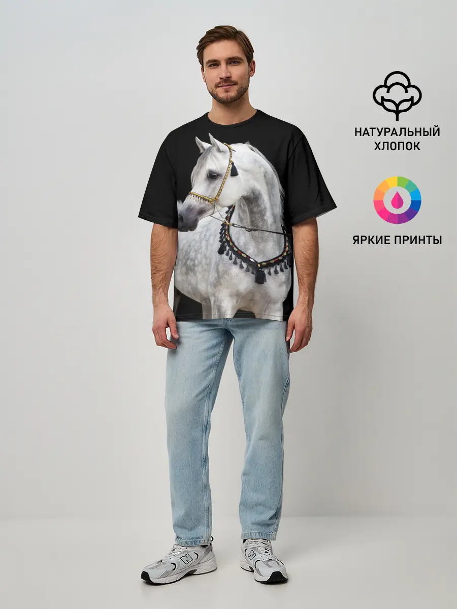 Мужская футболка оверсайз / Серый в яблоках конь