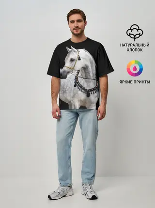 Мужская футболка оверсайз / Серый в яблоках конь
