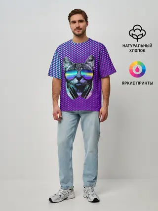 Мужская футболка оверсайз / Кот очки наушники модный