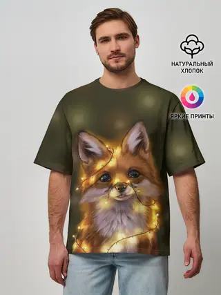 Мужская футболка оверсайз / Лисёнок и гирлянда