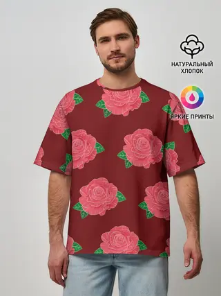Мужская футболка оверсайз / Розы на красном
