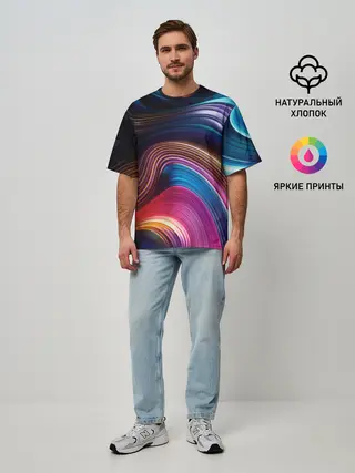 Мужская футболка оверсайз / Цветные неоновые волны