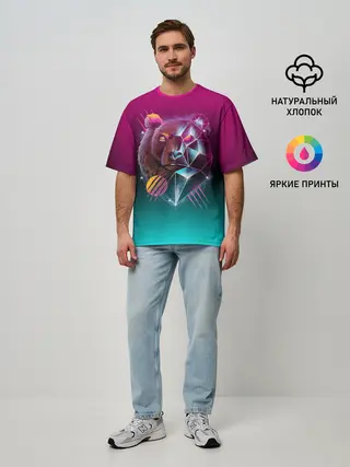 Мужская футболка оверсайз / RETRO CYBER BEAR NEON