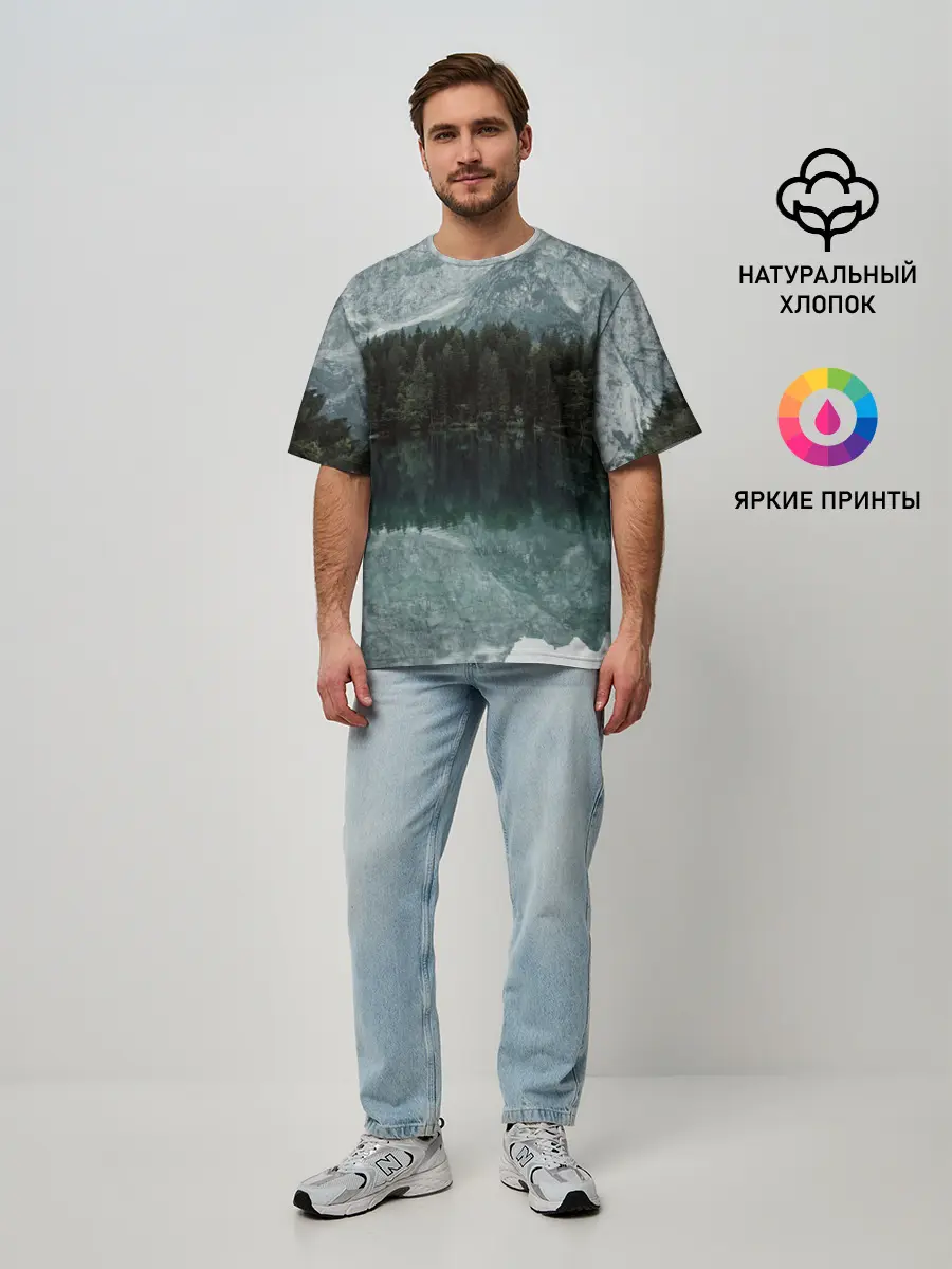 Мужская футболка оверсайз / отражение горы в озере