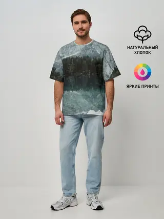 Мужская футболка оверсайз / отражение горы в озере