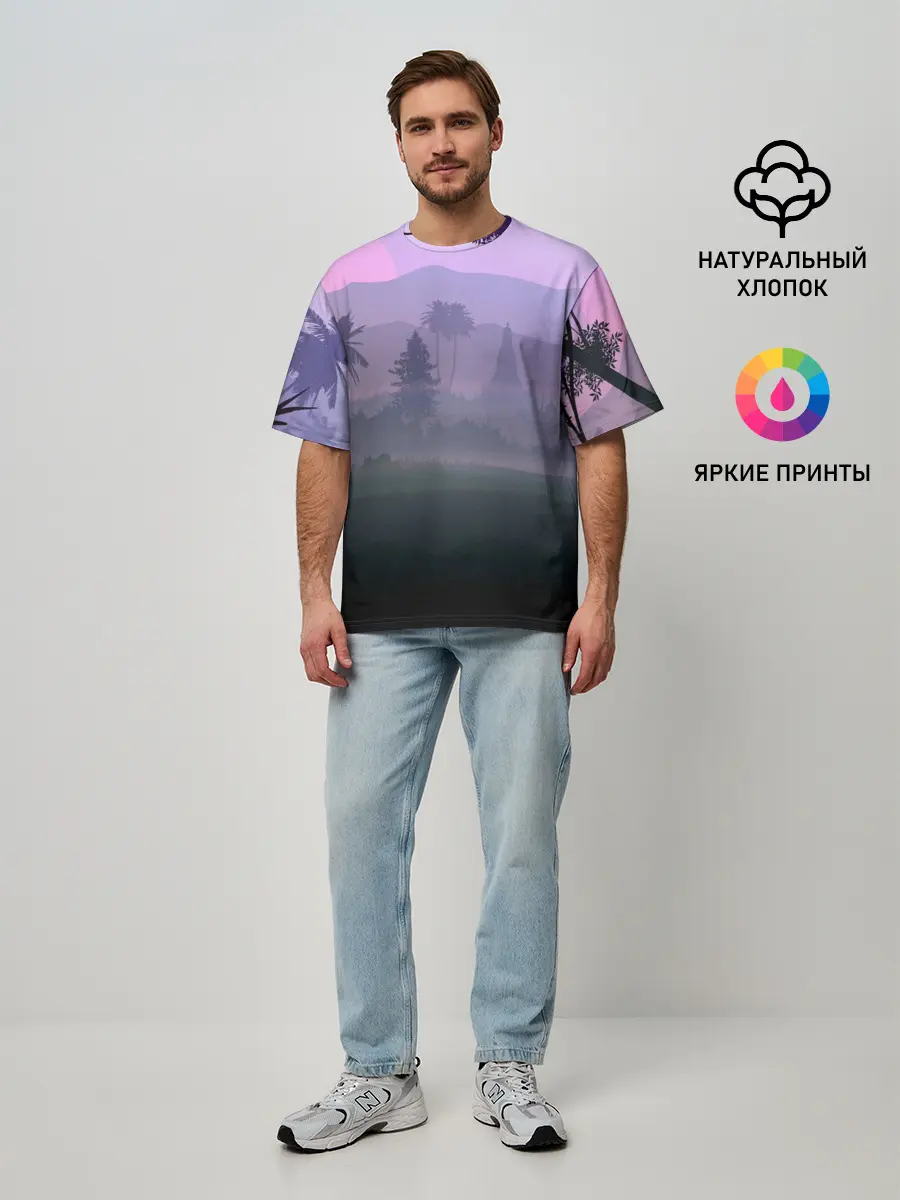 Мужская футболка оверсайз / forest at sunset
