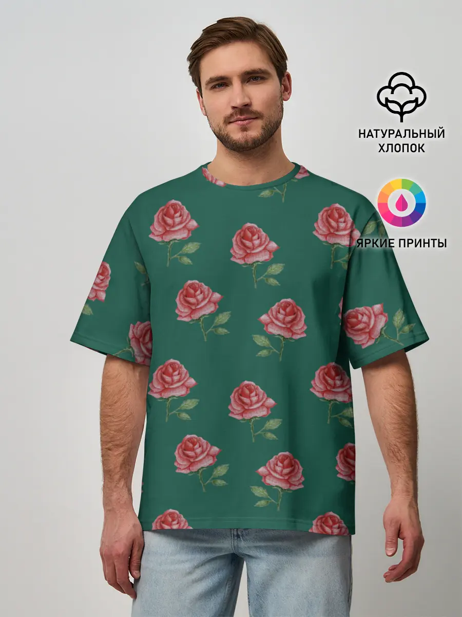 Мужская футболка оверсайз / Розы на зеленом фоне
