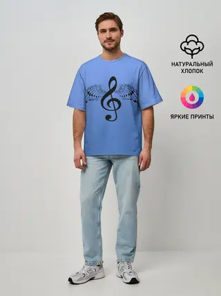 Мужская футболка оверсайз / Скрипичный ключ и крылья ноты