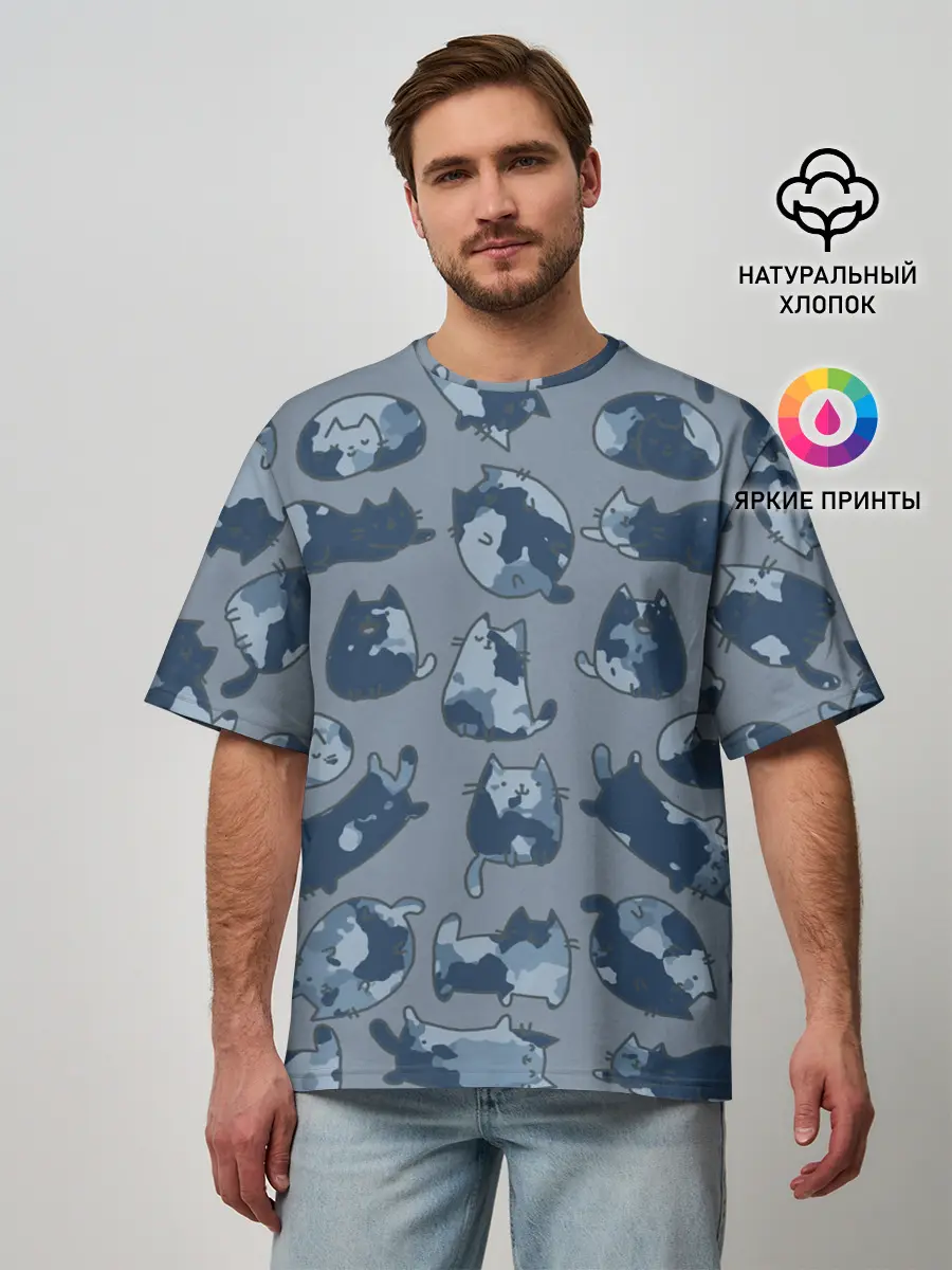 Мужская футболка оверсайз / Камуфляж с котиками