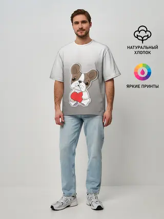 Мужская футболка оверсайз / французский бульдог сердечко