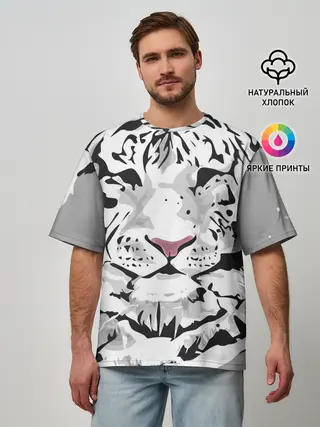 Мужская футболка оверсайз / Белый снежный тигр