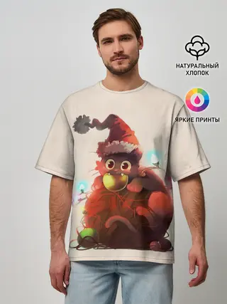 Мужская футболка оверсайз / Новогодний кот