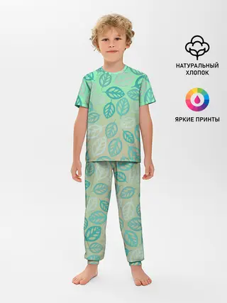 Детская пижама с брюками / узор из листиков