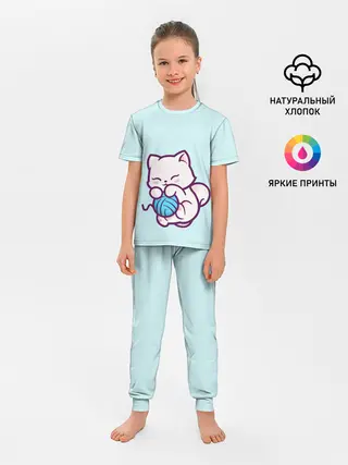 Детская пижама с брюками / Белый котенок с клубком милый