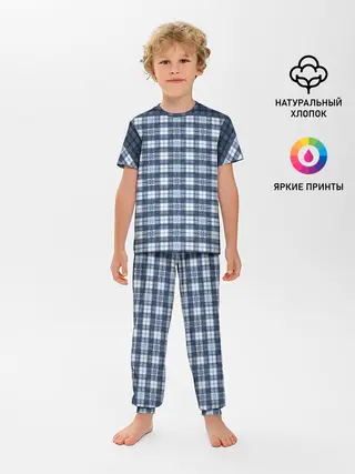 Детская пижама с брюками / Синий узор в клетку