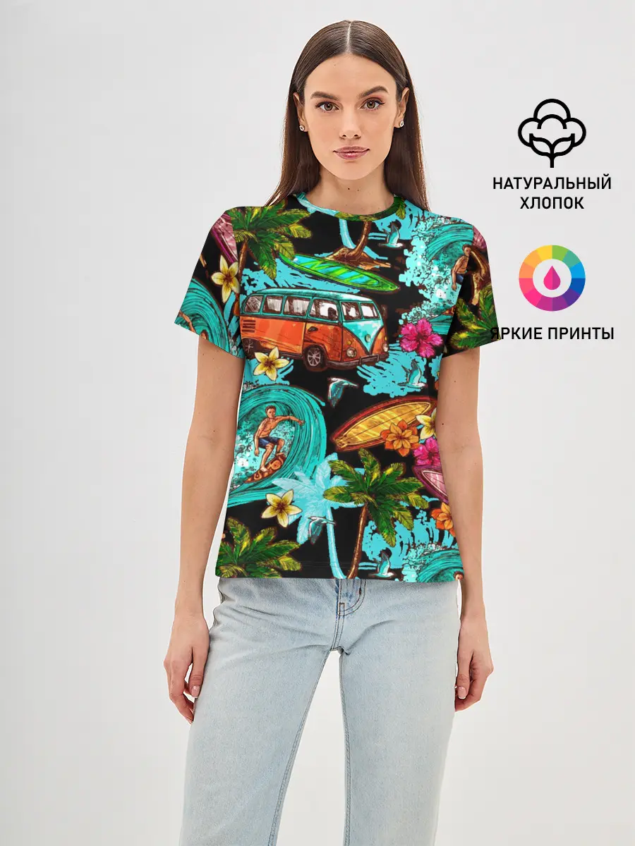 Женская базовая футболка / Пальмы, волны, серфинг