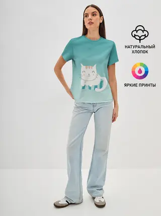 Женская базовая футболка / котик на подстилке